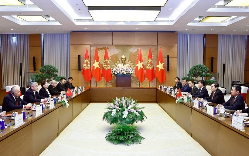 The meeting between National Assembly Chairman Tran Thanh Man and Prime Minister of Kyrgyzstan Adylbek Kasymaliev in Hanoi on March 6. (Photo: VNA)