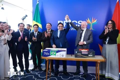Prime Minister Pham Minh Chinh and Brazilian President Lula da Silva at the signing ceremony for the trade in commercial goods between the two countries. (Photo: /VNA)