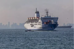 The ferry Kelud, operated by state-owned shipping company Pelayaran Nasional Indonesia, sails in the waters off Batam, Riau Islands, on March 11, 2026. (Photo: antaranews.com)