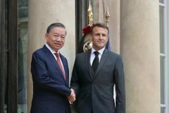 Party General Secretary and President To Lam (L) is welcomed by French President Emmanuel Macron in Paris on October 7, 2024 (Photo: VNA)
