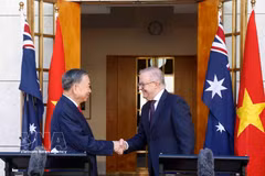 General Secretary of the Communist Party of Vietnam Central Committee and President To Lam (L) shakes hands with Australian Prime Minister Anthony Albanese (Photo: VNA)