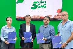 Vietnamese Ambassador to Cuba Le Quang Long (second from left) witnesses the handover ceremony for the first batch of rice produced by TBAgri to the Cuban side. (Photo: Embassy of Vietnam in Cuba) 