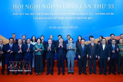 Prime Minister Le Minh Hung (C, first row) poses for a photo with delegates attending the plenary session of the 33rd Diplomatic Conference. (Photo: VNA) 