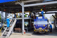 Petrol products pumped into a tank at a storage facility of Petimex. (Photo: VNA)