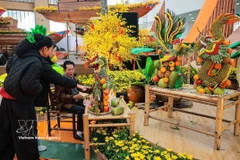 Many visitors explore artistic fruit creations crafted by artisan Nguyen Van Tuyen from Ho Chi Minh City. (Photo: VNA)