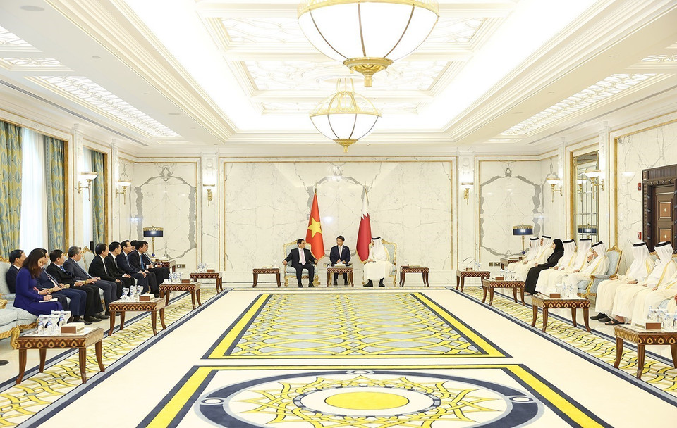 Prime Minister Pham Minh Chinh holds talks with Qatari Prime Minister Sheikh Mohammed bin Abdulrahman bin Jasim Al-Thani. (Photo: Duong Giang-VNA)