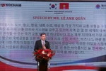 Le Anh Quan, Standing Vice Chairman of the municipal People's Committee and Chairman of the Vietnam-Korea Friendship Association delivers speech at the event. (Photo: VNA)