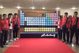 The Vietnamese delegation poses for a photo beside the Mendeleev periodic table before the opening ceremony. (Photo: VNA)