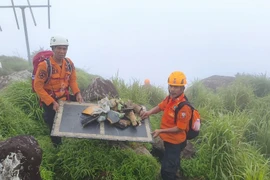 Members of a joint search and rescue team display aircraft debris from an ATR 42-500 near the crash site in the Bantimurung-Bulusaraung National Park area, Maros regency, South Sulawesi, Jan. 18, 2026. (Photo: Antara)