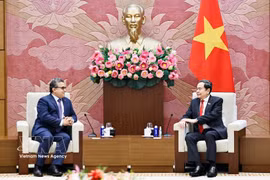 National Assembly Chairman Tran Thanh Man (R) receives Palestinian Ambassador to Vietnam Saadi Salama. (Photo: VNA) 
