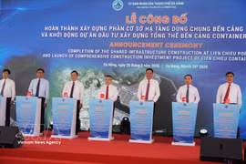 Delegates press the button to officially launch the Lien Chieu container terminal investment and construction project. (Photo:VNA)