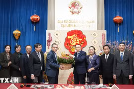 Vietnamese Ambassador Dang Minh Khoi and Lao Ambassador Shiphandone Oybuabuddy with officials and staff of the two embassies. (Photo: VNA) 
