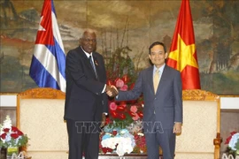 Secretary of the municipal Party Committee Tran Luu Quang and President of the National Assembly of People's Power and President of the Council of State of Cuba Esteban Lazo Hernandez (Photo: VNA)
