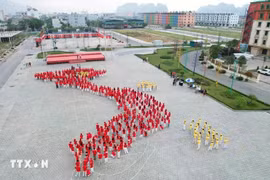 Students form Vietnam map and national flag by Bai Tu Long bay (Photo: VNA)