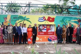 Delegates pose for a photo in front of a mural promoting Vietnam–Cuba friendship. (Photo: VNA)