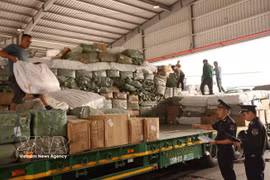 Customs officers inspect vehicles and imported goods at the Huu Nghi International Border Gate in Lang Son province. (Photo: VNA) 