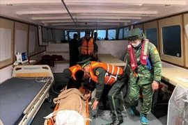 Quang Ninh border guards assist in bringing Japanese tourist Kosuge Kimiko safely ashore for emergency treatment after she suffered a stroke. (Photo: VNA) 