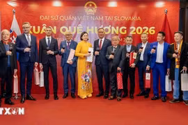 The Embassy of Vietnam in Slovakia presents gifts to overseas Vietnamese at the event. (Photo: VNA)
