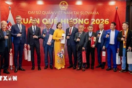 The Embassy of Vietnam in Slovakia presents gifts to overseas Vietnamese at the event. (Photo: VNA)