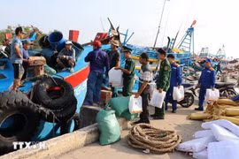 Border guards of Dong Thap province present gifts and raise awareness on IUU fishing prevention for fishermen at Vam Lang fishing port, Gia Thuan commune, Dong Thap province. (Photo: VNA) 