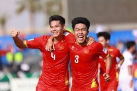 Centre-back Hieu Minh (Number 4) scores to make it 2-0 for Vietnam U23. (Photo: AFC) 