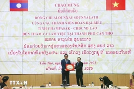 Secretary of the Can Tho Party Committee Nguyen Van Hieu and Secretary of the provincial Party Committee and Governor of Champasak Alounxay Sounnalath at their meeting on January 14. (Photo: VNA)