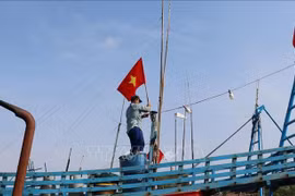 Fishermen raise the national flag before heading out to the sea to affirm Vietnam’s sovereignty over its seas and islands. (Photo: VNA)