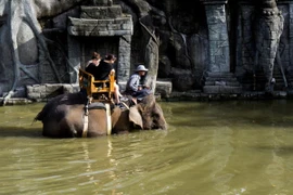 Two tourists ride a Sumatran elephant at Bali Zoo, Gianyar, Bali, June 25, 2018. (Photo: ANTARA)