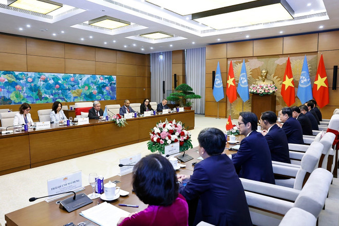 The meeting between National Assembly Chairman Tran Thanh Man and United Nations Secretary-General Antonio Guterres in Hanoi on October 25, 2025 (Photo: VNA)