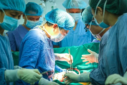 The medical team performs the domino multi-organ transplant at Viet Duc University Hospital on March 13, 2026. (Photo published by VNA)