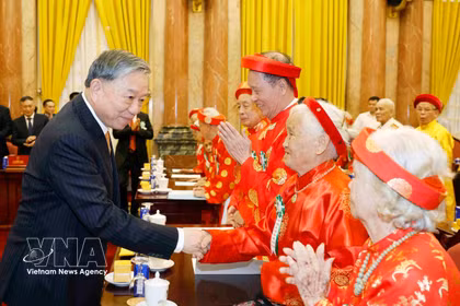 Party General Secretary and State President To Lam and the elderly representatives at the gathering in Hanoi on June 5 (Photo: VNA)