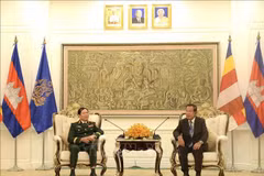 General Nguyen Tan Cuong, Chief of the General Staff of the Vietnam People’s Army (VPA) and Deputy Minister of National Defence (L) pays a courtesy call on Samdech Techo Hun Sen, President of the Cambodian People’s Party (CPP) and President of the Cambodian Senate on June 4. (Photo published by VNA)