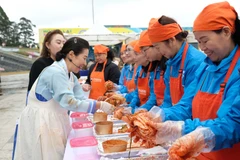 Under the guidance of Korean culinary instructor Kim Eun Ja, locals and tourists eagerly prepare kimchi using ingredients sourced from Da Lat. (Photo: VNA) 