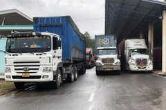 Freight vehicles await customs clearance at Lao Bao International Border Gate in Quang Tri province. (Photo: VNA)