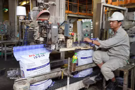 A worker packages fertiliser at a plant of the Petrovietnam Ca Mau Fertiliser JSC (PVCFC). (Photo: VNA)