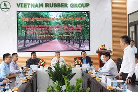 Vietnamese Ambassador to Cambodia Nguyen Minh Vu meets with leaders and staff of three rubber companies in Kampong Thom province, Cambodia. (Photo: VNA)