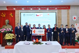 President of the Senate of the Parliament of the Czech Republic Milos Vystrcil presents a symbolic aid cheque to Do Thi Thu Thao, Chairwoman of the Vietnam Red Cross Society, for storm- and flood-affected communities. (Photo: VNA) 