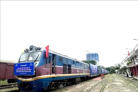 An international intermodal freight train transports export goods from Song Than Station to China. (Photo: VNA) 