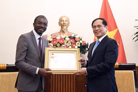 Deputy Prime Minister and Foreign Minister Bui Thanh Son awards Lazare Eloundou Assomo, Director of the UNESCO World Heritage Centre, the “For the Cause of Vietnam’s Diplomacy” insignia at their meeting on May 19. (Photo: Baochinhphu.vn)