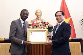 Deputy Prime Minister and Foreign Minister Bui Thanh Son awards Lazare Eloundou Assomo, Director of the UNESCO World Heritage Centre, the “For the Cause of Vietnam’s Diplomacy” insignia at their meeting on May 19. (Photo: Baochinhphu.vn)