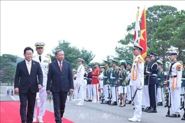 Korean President Lee Jae Myung and Party General Secretary To Lam review the guard of honour at the welcome ceremony. (Photo: VNA)