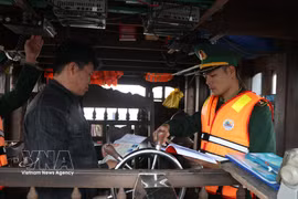 Border guards inspect and verify fishing vessels’ documents and procedural records before departure. (Photo: VNA)