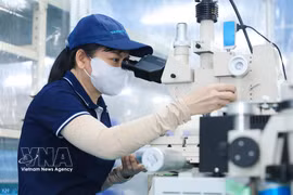 A worker assembles ultra-precision micro-components used in semiconductor chip production. (Photo: VNA)