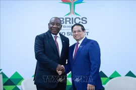 Prime Minister Pham Minh Chinh (R) shakes hands with South African President Cyril Ramaphosa at their meeting in Rio de Janeiro, Brazil, on July 6. (Photo: VNA)