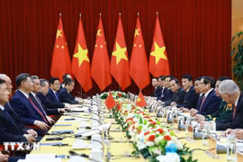 Prime Minister Pham Minh Chinh (third, right) meets with Party General Secretary and President of China Xi Jinping on April 14 (Photo: VNA)