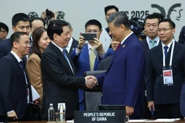 State President Luong Cuong (front line, left) meets with General Secretary of the Communist Party of China (CPC) and President of China Xi Jinping in the Republic of Korea (RoK) on October 31 on the sidelines of the 32nd Asia-Pacific Economic Cooperation (APEC) Economic Leaders’ Meeting (Photo: VNA)