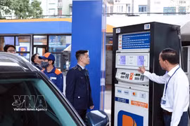 Team 2 of the Hanoi Market Surveillance Sub-department inspects operations of a Petrolimex petrol station on Tran Quang Khai street (Photo: VNA)