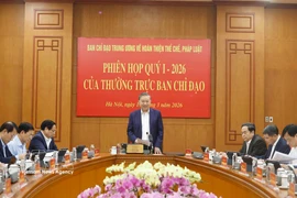 Party General Secretary To Lam (centre) speaks at the first-quarter meeting of the Standing Board of the Central Steering Committee on Perfecting Institutions and Laws. (Photo: VNA)