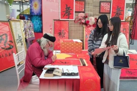 Young people seek calligraphy for good fortune during a fair in Hanoi. (Photo: VNA)