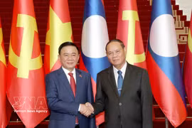 Politburo member and Permanent member of the LPRP Central Committee’s Secretariat Vilay Lakhamphong (R) welcomes Politburo member and Permanent member of the Communist Party of Vietnam Central Committee’s Secretariat Tran Cam Tu (Photo: VNA)